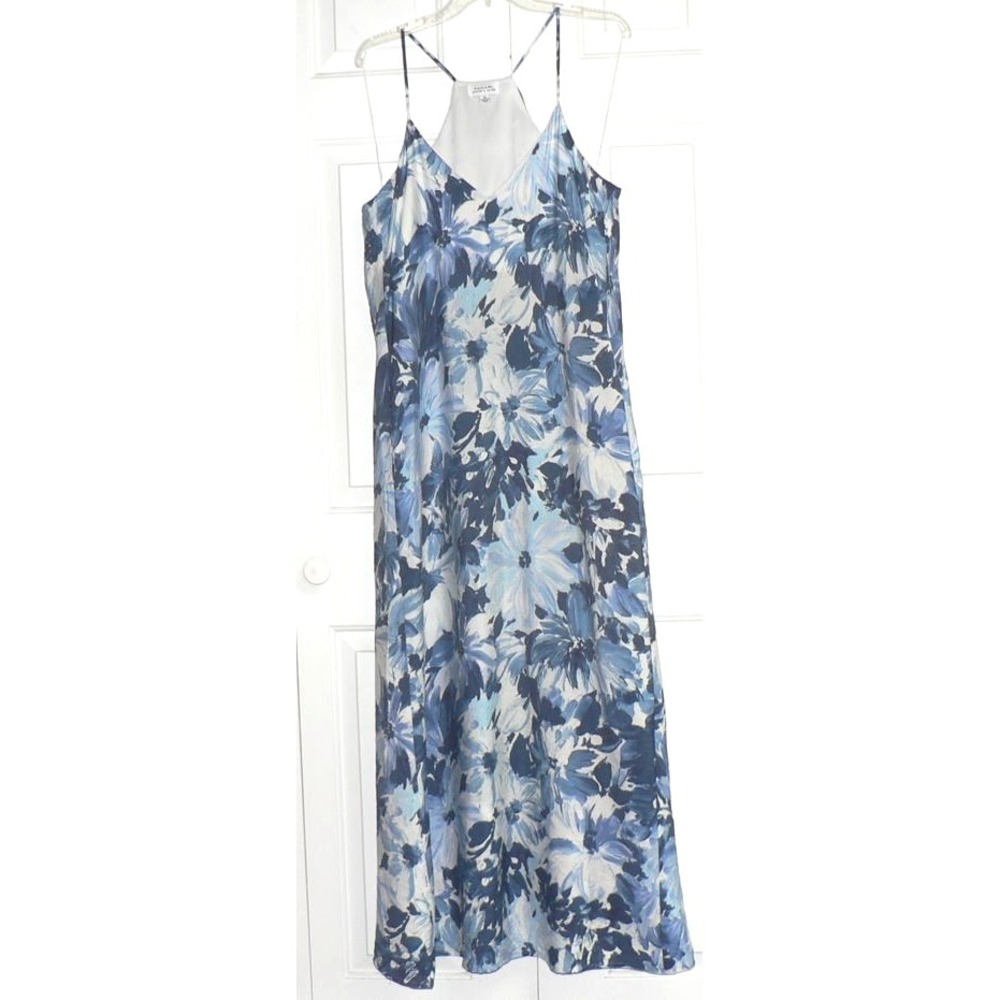 Tahari ASL Floral Print Sleeveless Charmeuse Maxi Slip Dress in Blue & White XL